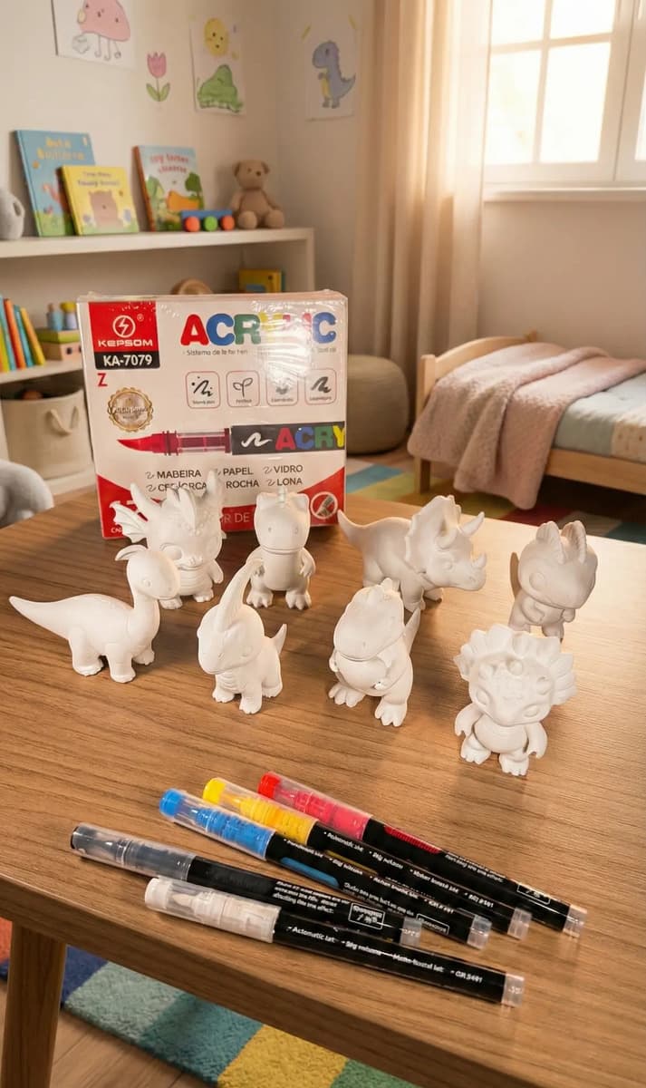 Kit Pintura Infantil 8 Dinossauros + 12 Canetas Acrílicas