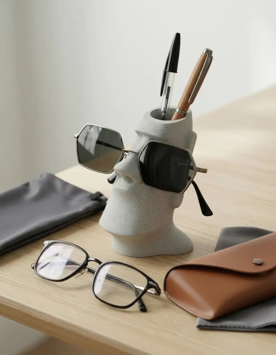 Suporte Para Óculos Moai Decorativo Organizador De Mesa Cinza